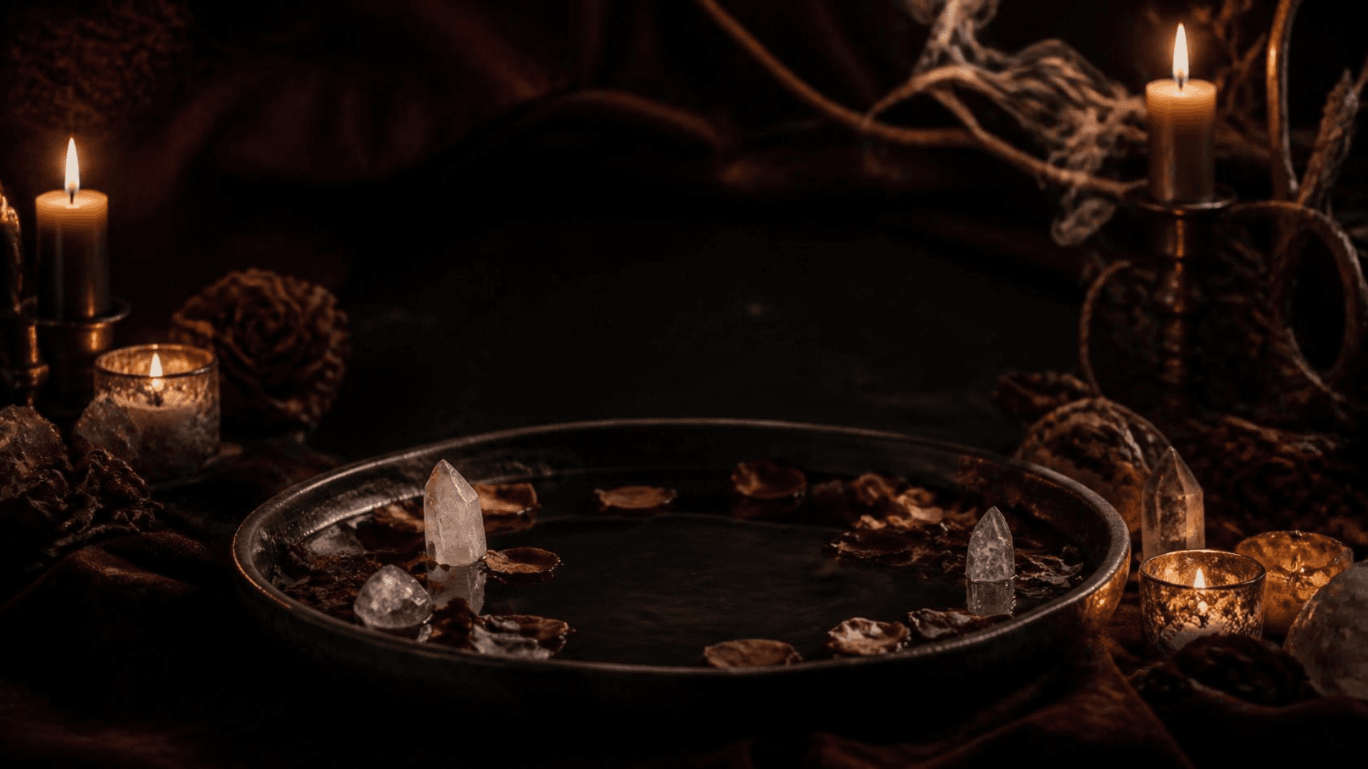 Imagen de referencia generada con IA — pendiente de reemplazo (altar con agua, pétalos y cristales)
